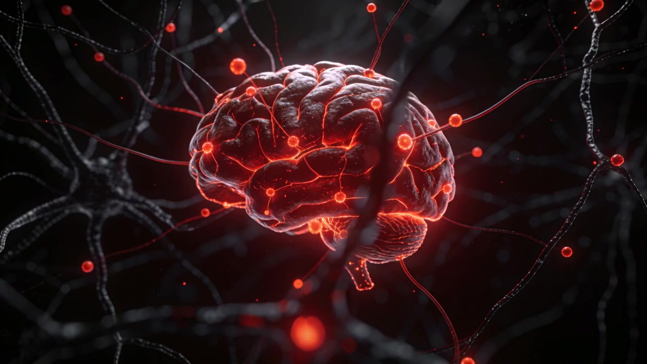 Pulsing brain increasing activity after camera arc in neural studio, with red nodes signaling flow