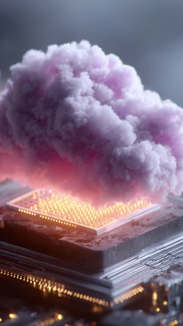 Trasformazione digitale: una fusione surreale di tecnologia e arte con nuvole colorate che emergono da un circuito stampato high-tech, a rappresentare innovazione e creatività