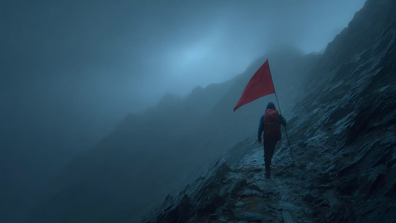 A lone figure braves a rugged mountain trail in fog, holding a bright red flag, symbolizing courage and determination against the ominous backdrop of nature's splendor