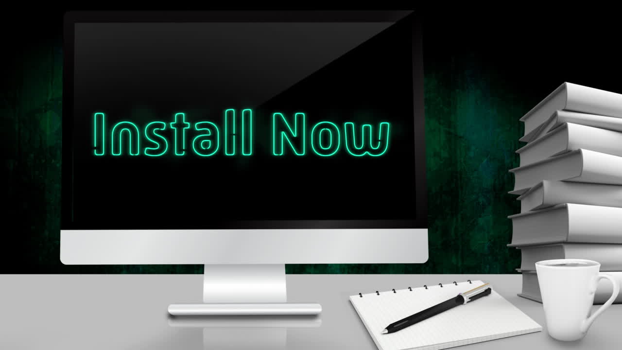 단어의 애니메이션 설치 지금 데스크 ⁇  컴퓨터의 화면에  ⁇ 박이는 책과 함께 책상에 서