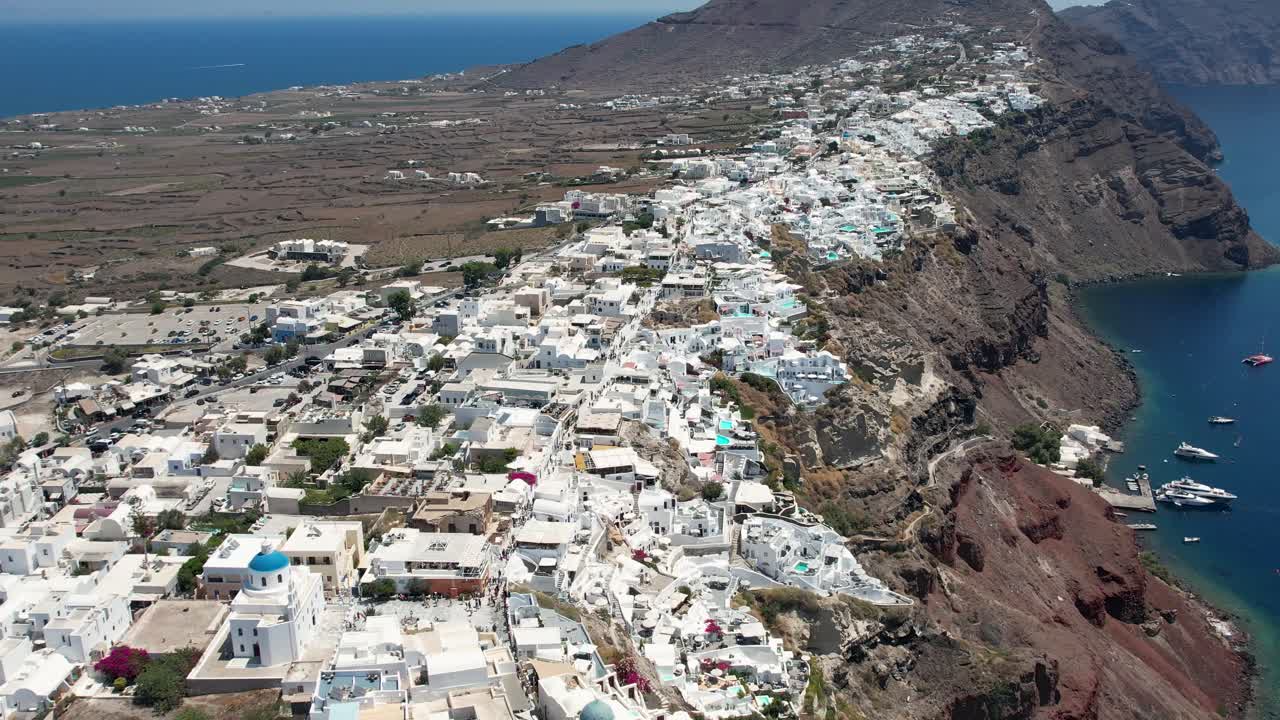 Aerial views from over the village of Oia on the Greek Island of Santorini