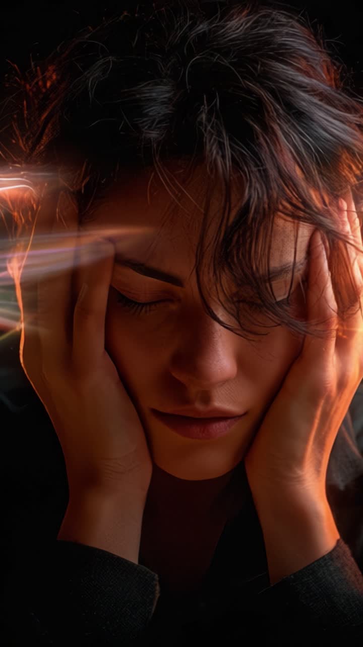 Una mujer experimentando angustia emocional, con las manos en la cara y los ojos cerrados, transmitiendo profundos sentimientos de angustia y contemplación en medio de una iluminación dramática.