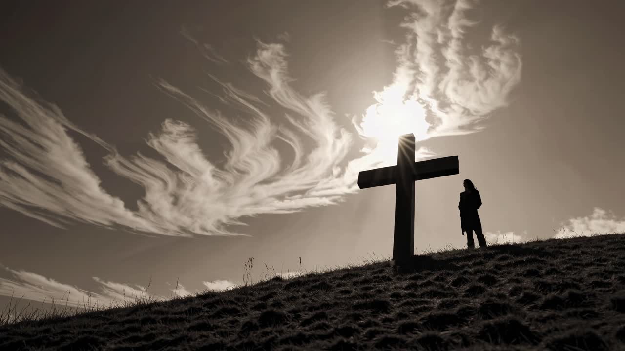 Silhouette of a person beside a cross on a hill, with dramatic clouds