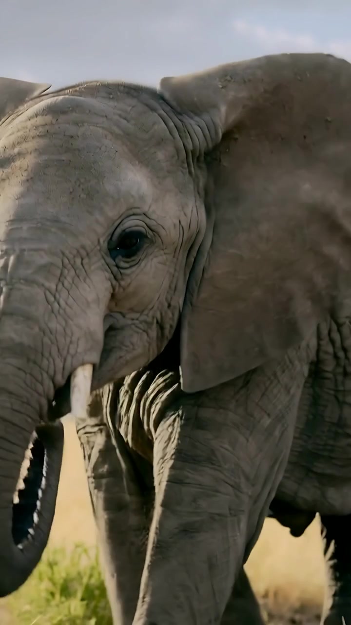 Vídeo vertical: Filhote de elefante caminhando pela planície, seguindo o flanco de um adulto e usando a tromba para pastar.