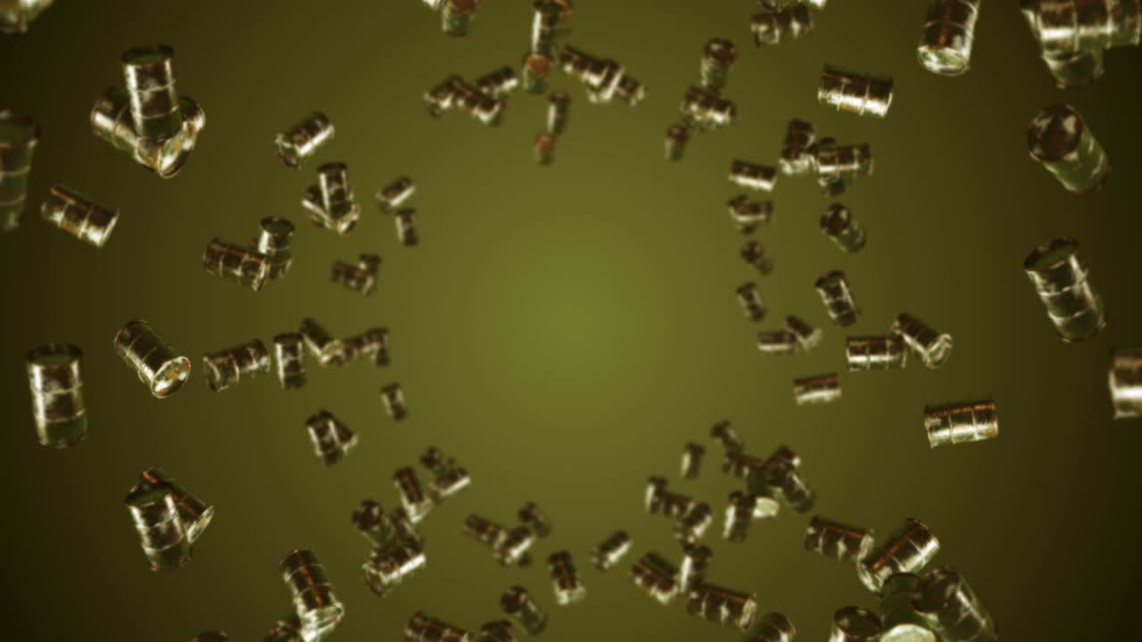 volando muchos tambores de combustible viejos en fondo marrón. industria química, barriles de metal. animación 3d del tanque de petróleo girando. animación de bucle.