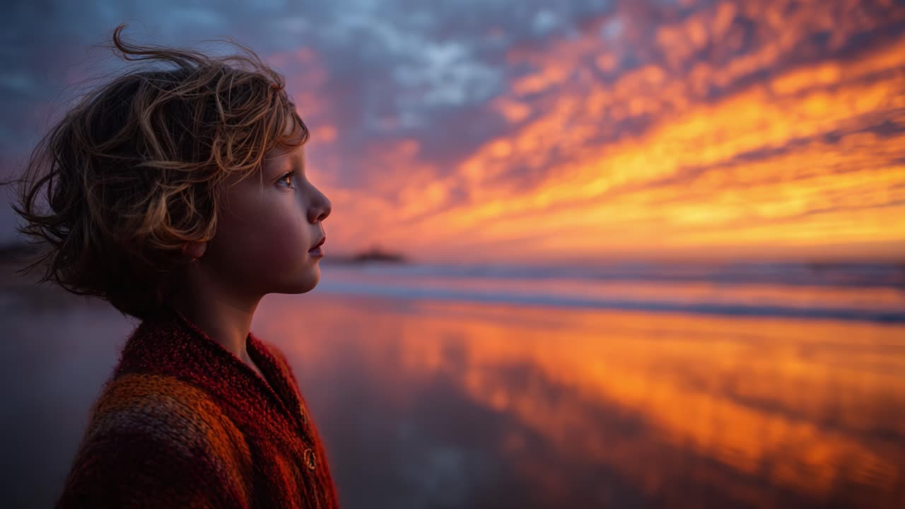 Contemplative Child Gazing at a Vibrant Sunset by the Ocean, Capturing the Serenity and Beauty of Nature in a Tranquil Moment of Reflection