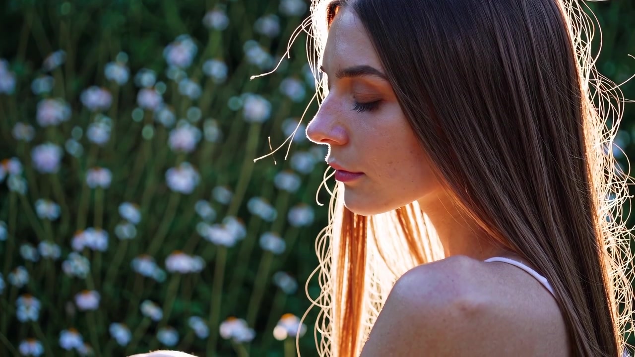 Jeune femme sereine les yeux fermés dans un champ de fleurs ensoleillé