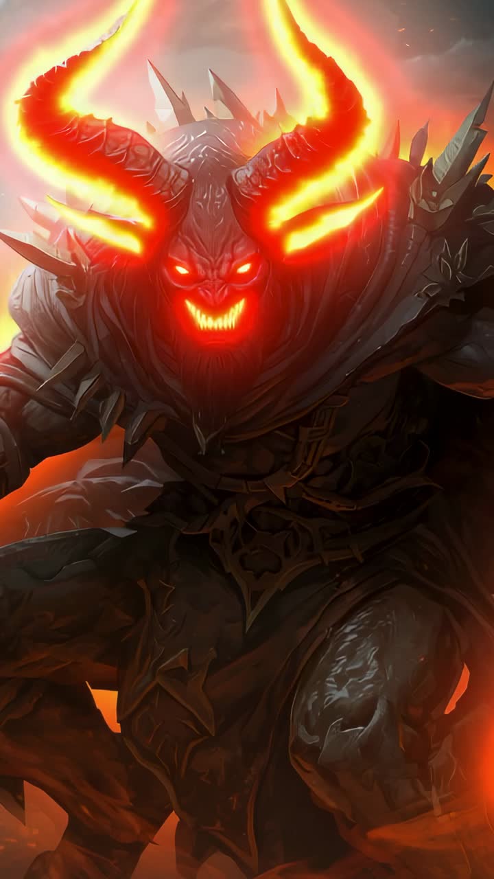 Vertical video: Igniting glow along horns, demonic warrior rising over ash field, charging aura