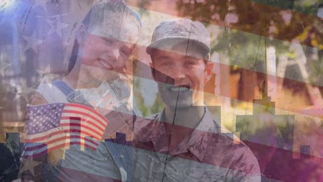 Animation-of-male-soldier-with-daughter-over-american-flag
