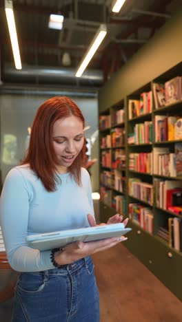 woman using a tablet in a library