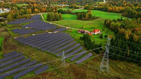aerial view of solar farm in autumn countryside