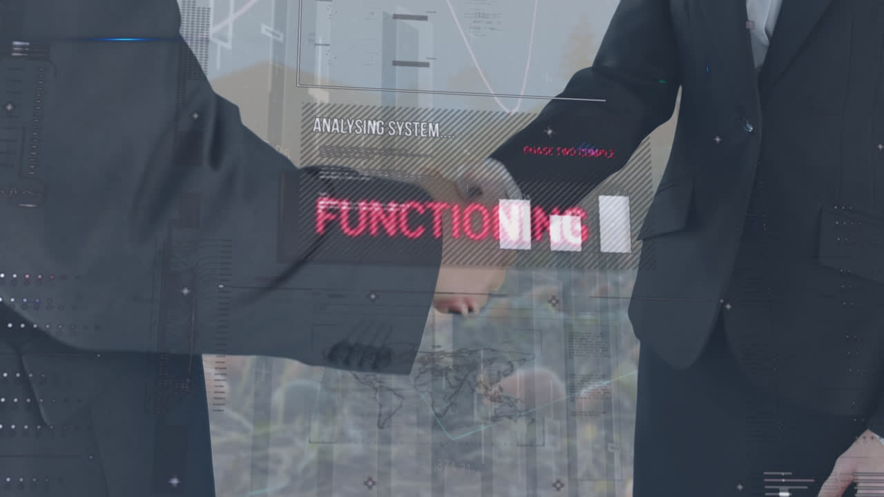 카우카스계 사업가들이 손을 흔들고 있는 금융 데이터 처리 애니메이션