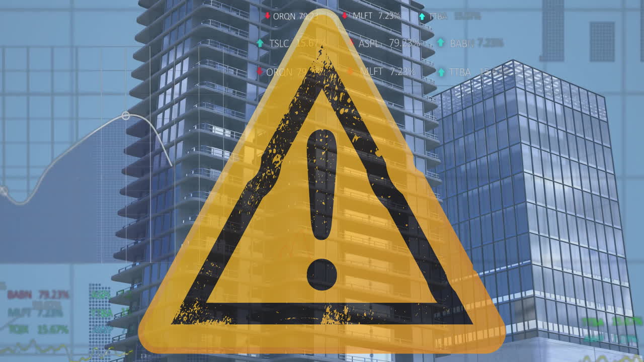 노란색 삼각형 도로 표지판과 도시에 있는 호소표 위에 있는 금융 데이터 처리의 애니메이션