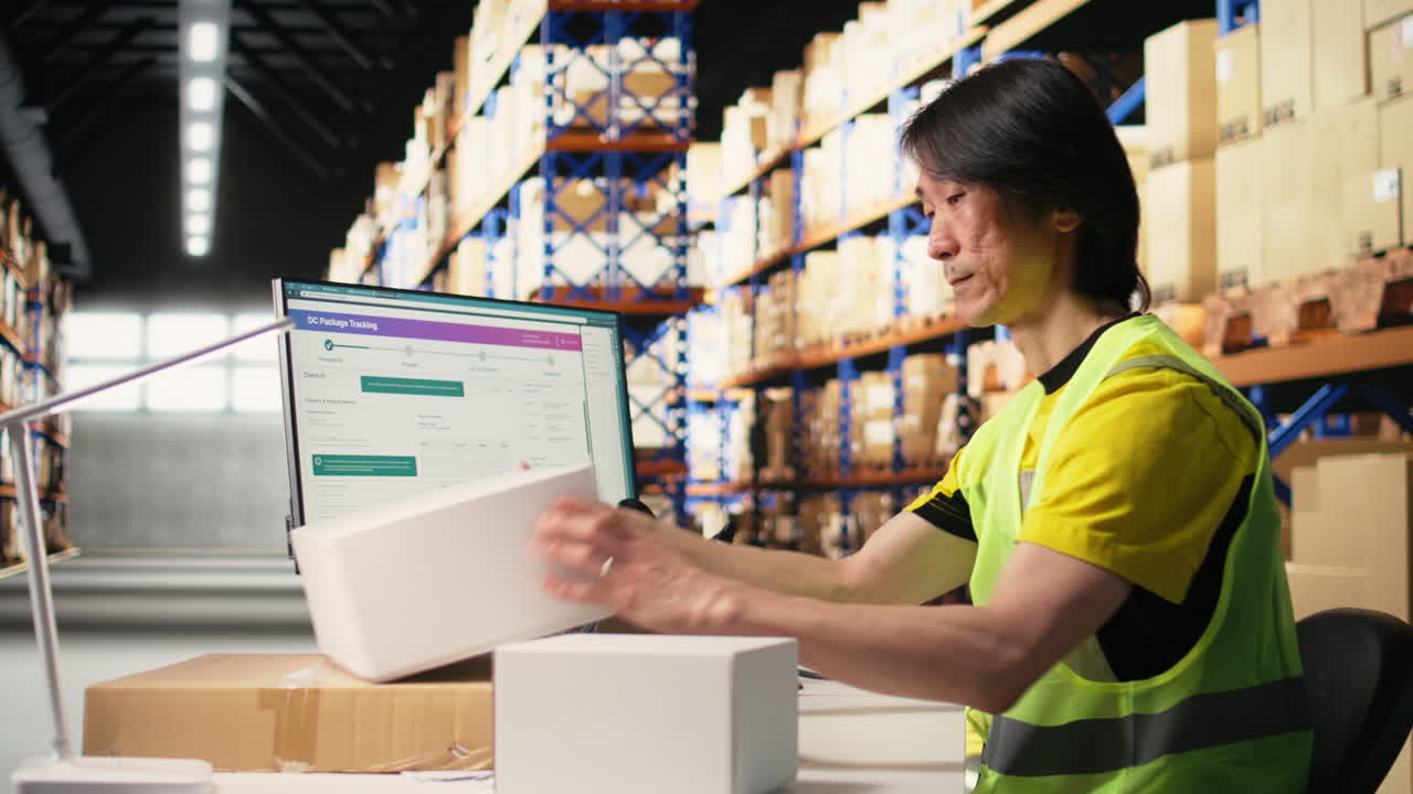 Vertical Video Asian employee using scanner to register shipping labels on cardboard boxes