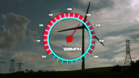 animación del velocímetro sobre el molino de viento giratorio contra el cielo azul