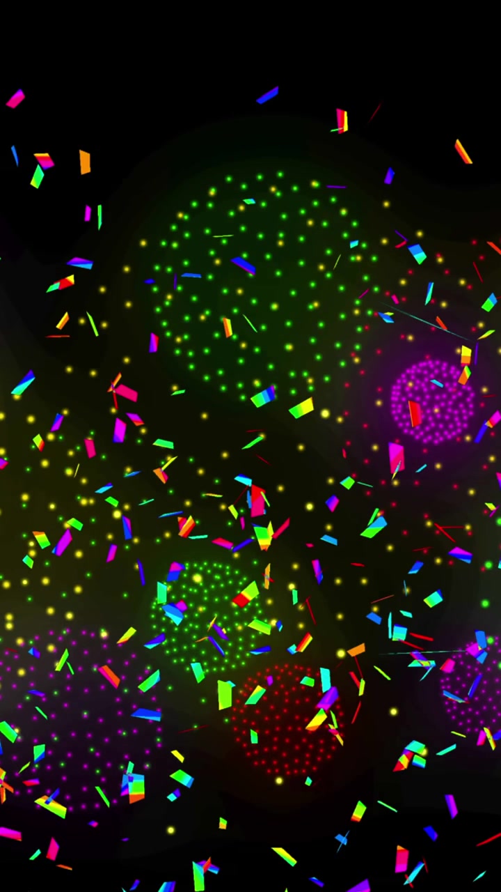 Animazione di coriandoli su forme e fuochi d'artificio su sfondo nero
