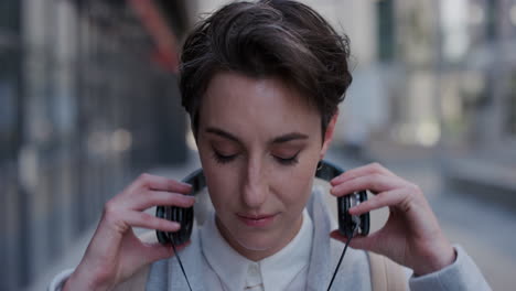 portrait beautiful young business woman intern puts on earphones listening to music in city enjoying relaxed urban lifestyle slow motion