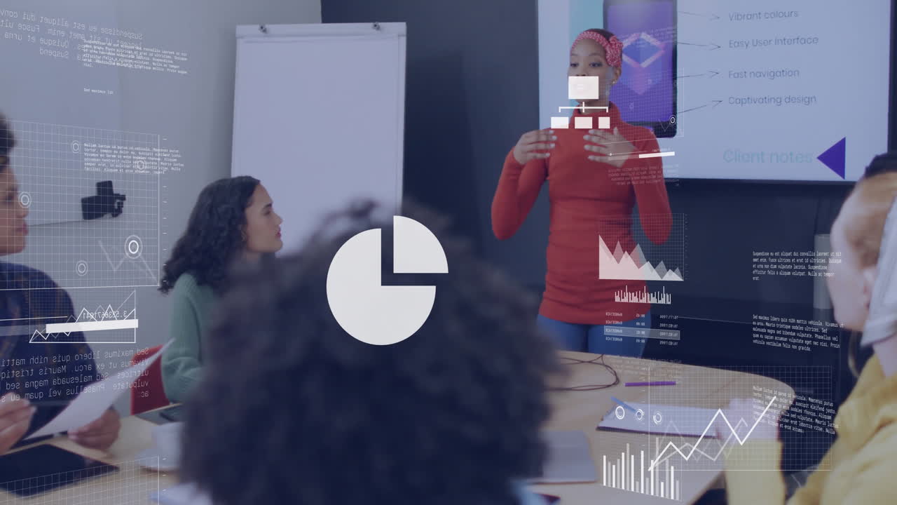 Businesswoman presenting data charts and graphs animation over team meeting in office