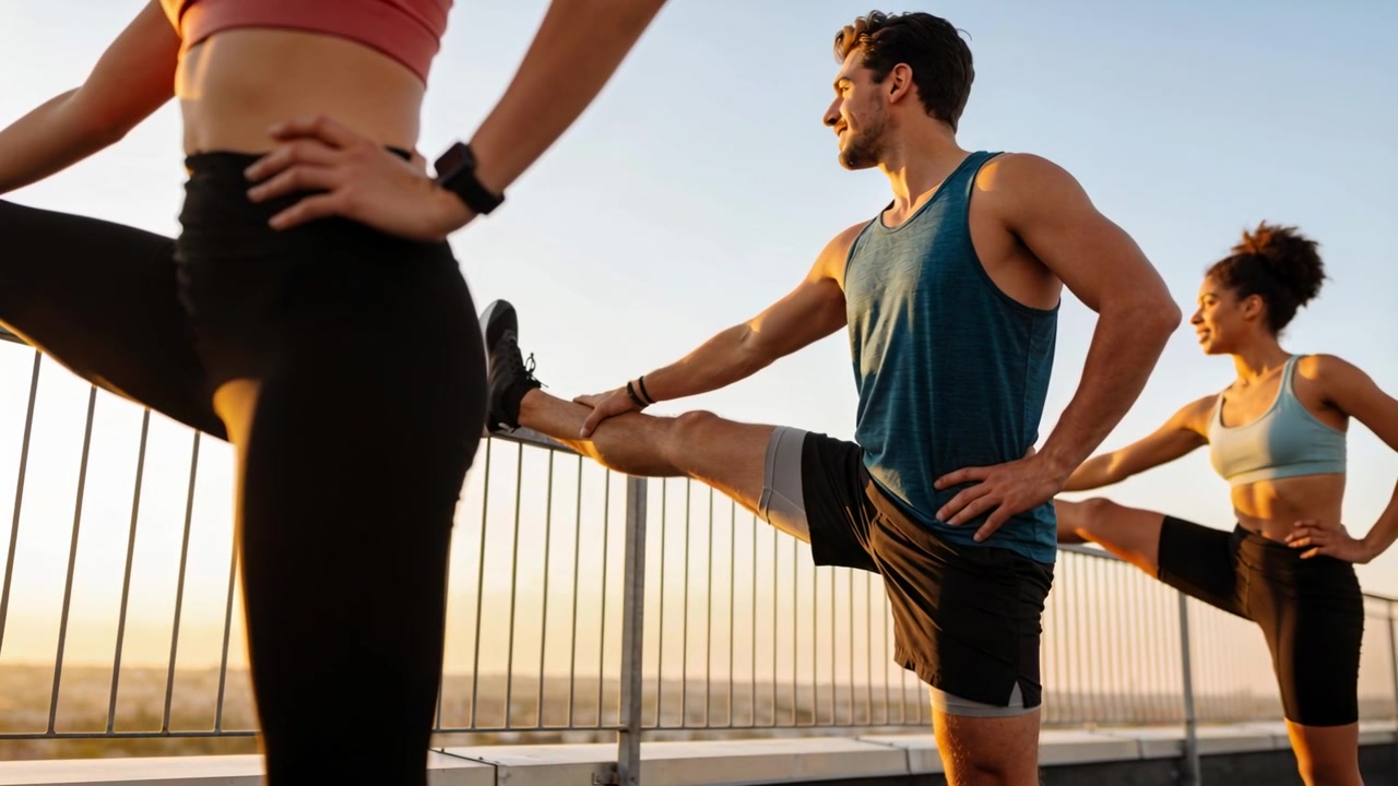 Starting warmup, three adult exercisers doing leg stretches on rooftop railing, wearing sportswear