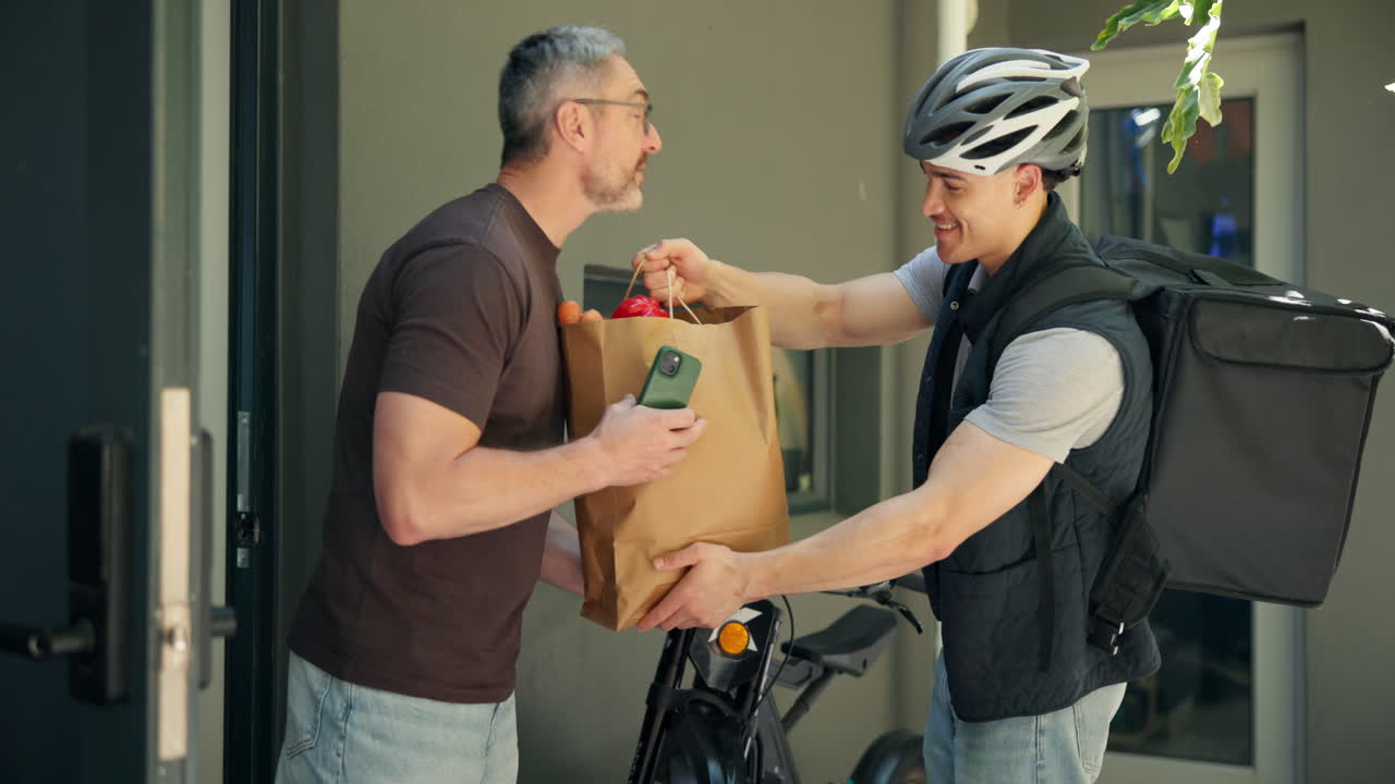 Cliente che riceve la consegna di cibo da un corriere in bicicletta