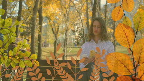 animation of leaves falling over caucasian man in park