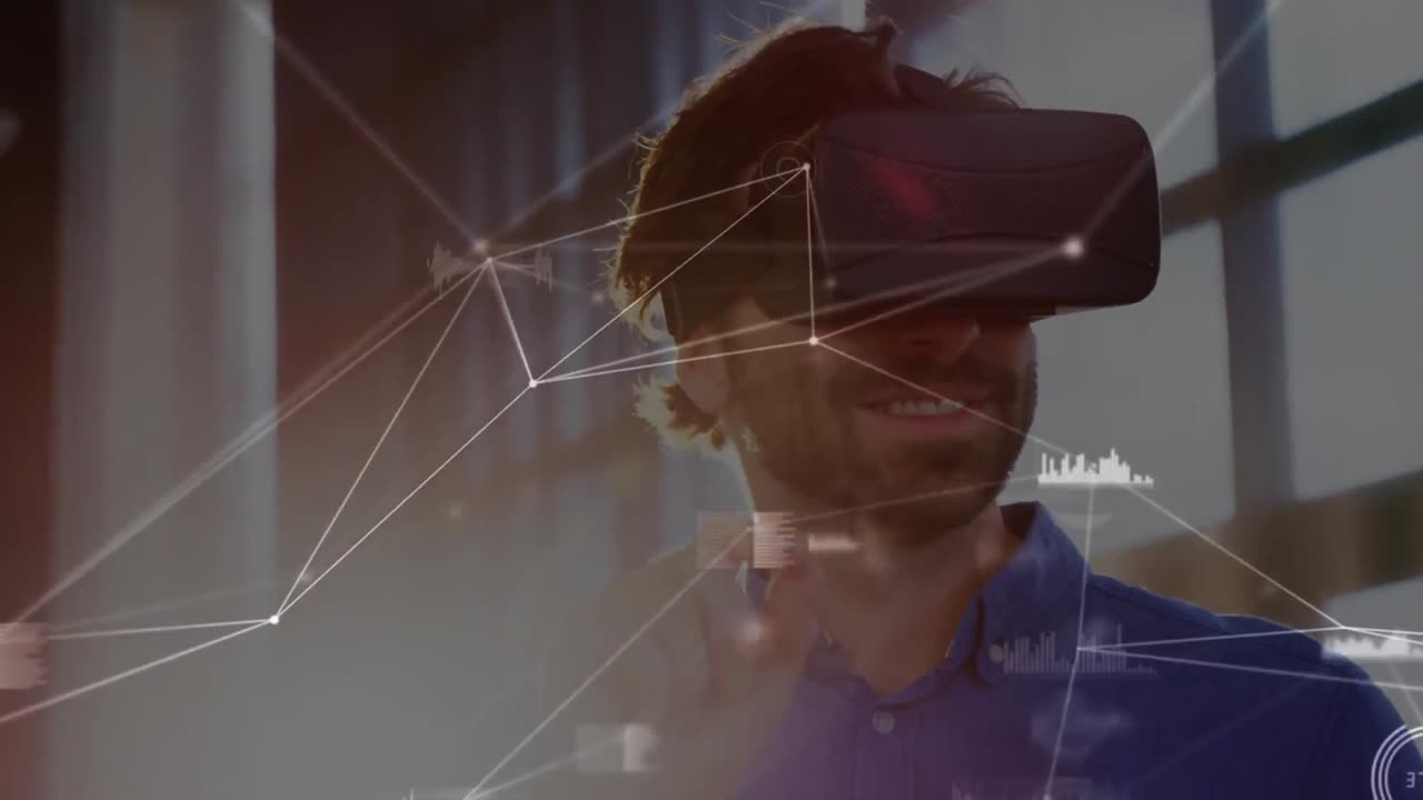 Animation of network of connections over businessman using vr headset