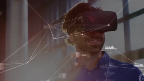 Animation-of-network-of-connections-over-businessman-using-vr-headset