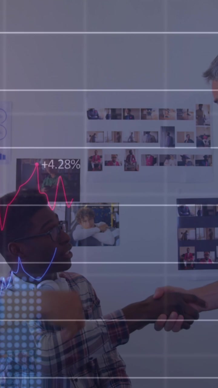 Animation of data processing over diverse male and female business people