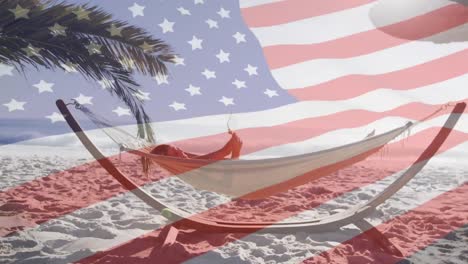 Animation-of-american-flag-waving-over-woman-using-tablet-in-hammock-on-the-beach