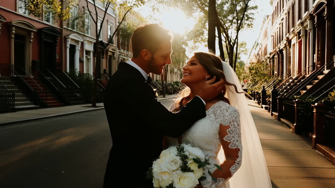 Romantic Wedding Couple Embracing on a City Street at Golden Hour