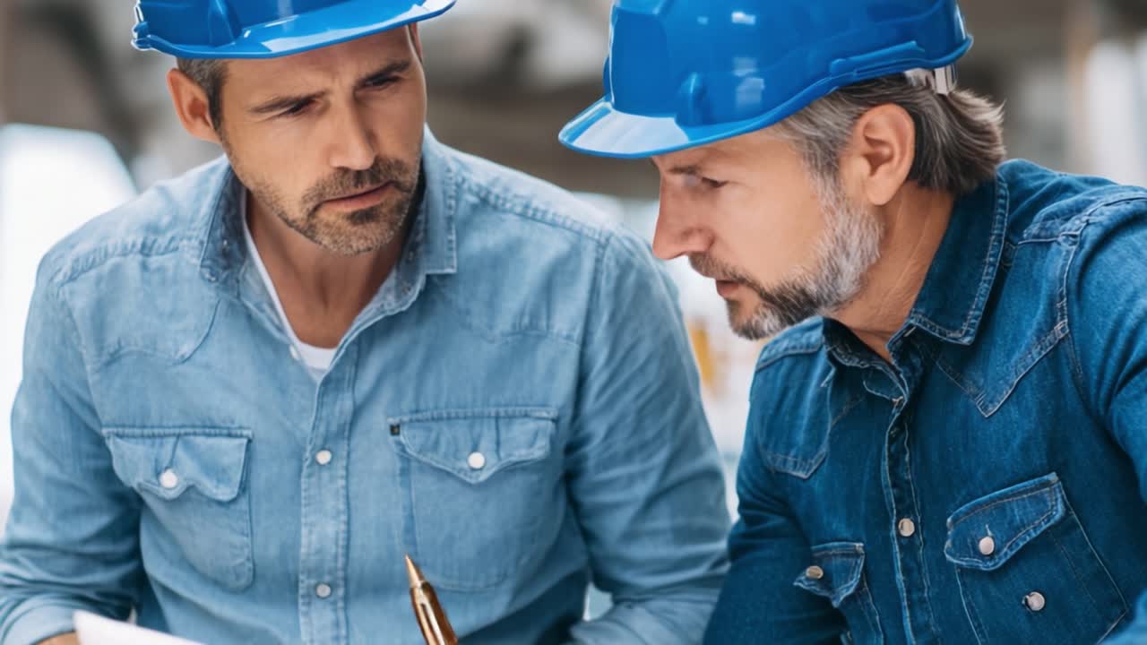 Two Construction Workers Collaborating on Project Plans and Blueprints at a Job Site, Demonstrating Teamwork and Professionalism in the Construction Industry