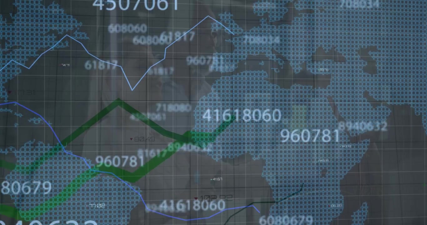 Animation de traitement de données financières superposée à des personnes qui dansent et à une grille.