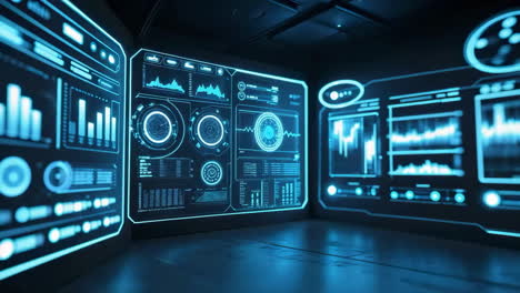 futuristic data monitoring room with holographic interfaces
