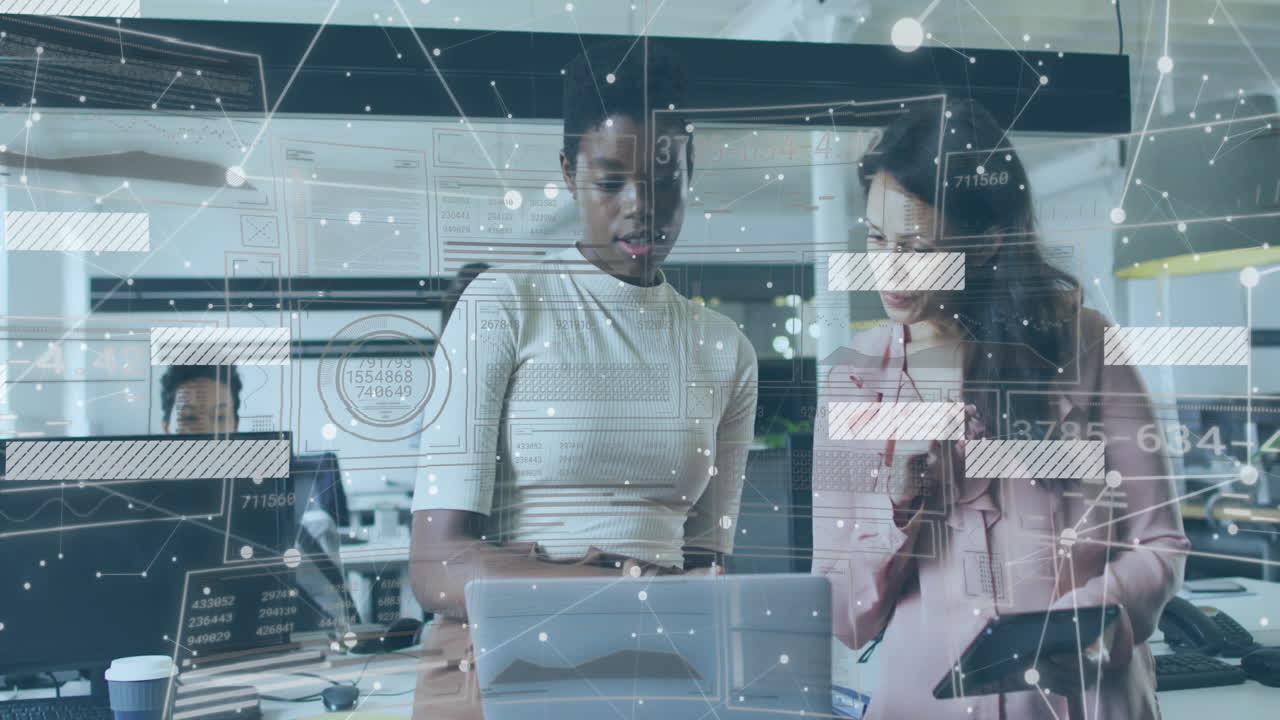Analyzing data on laptop and tablet, businesswomen with network connections animation