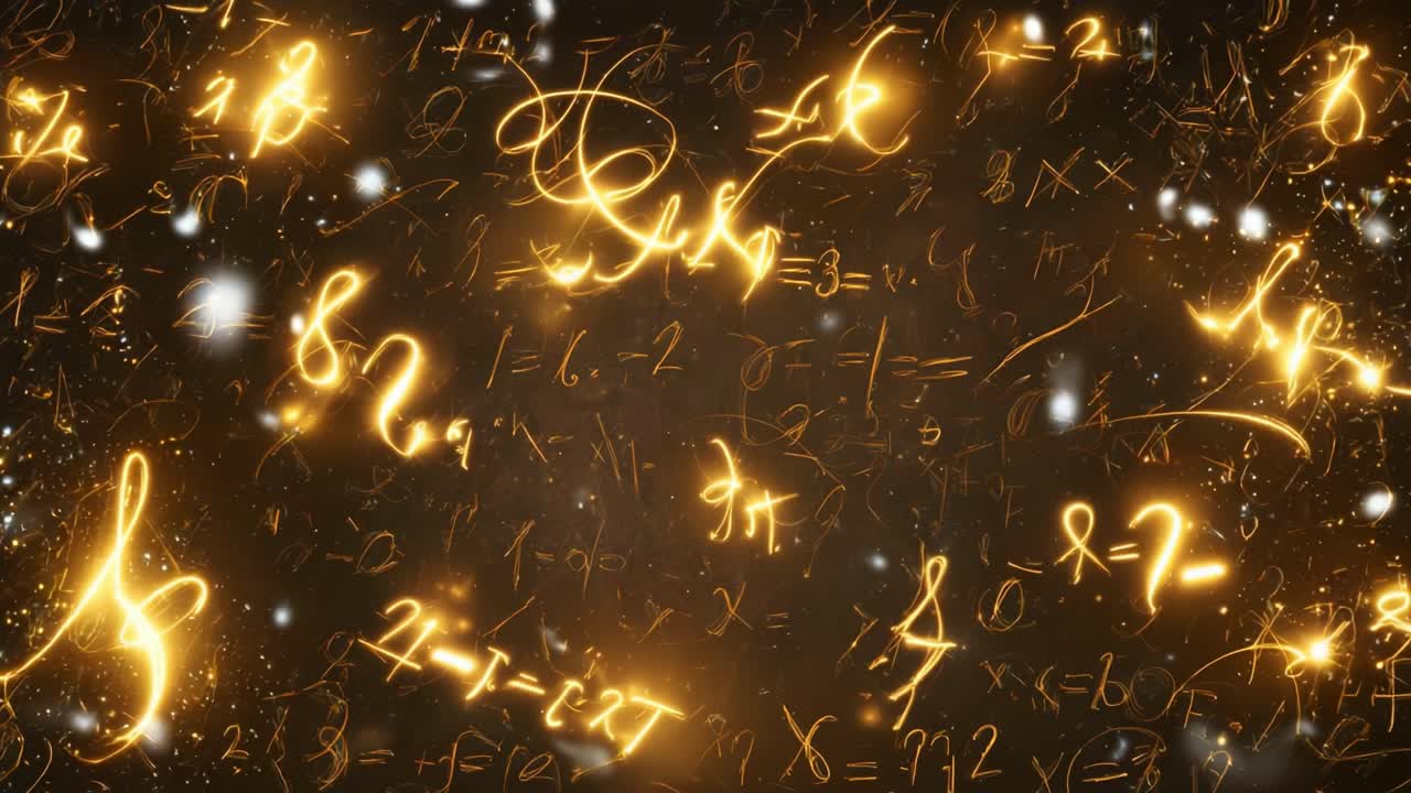 A mesmerizing display of glowing mathematical equations and symbols floating against a dark backdrop, showcasing the beauty of mathematics through luminous artistry and creativity