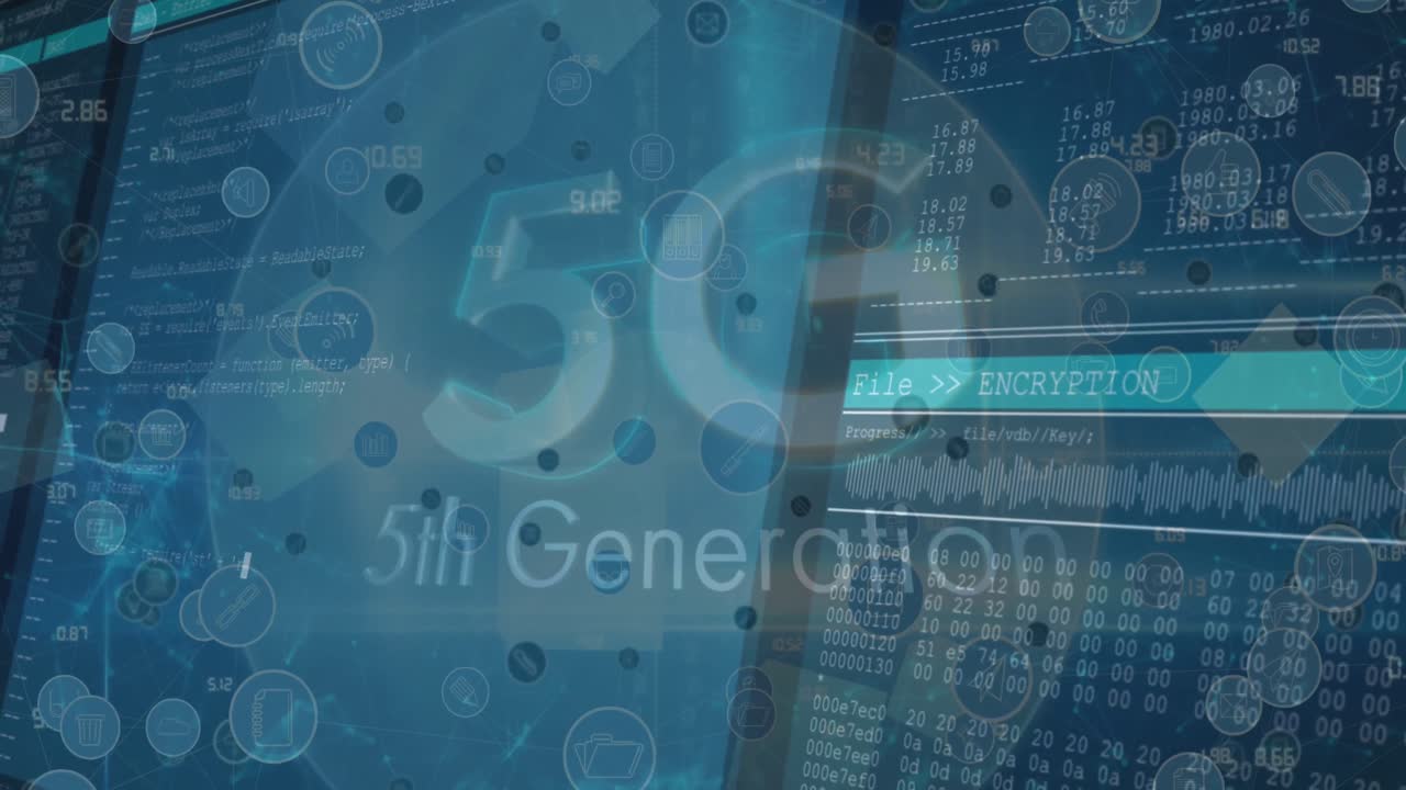 데이터 처리를 통해 아이콘과 연결된 5g 텍스트 및 네트워크의 애니메이션