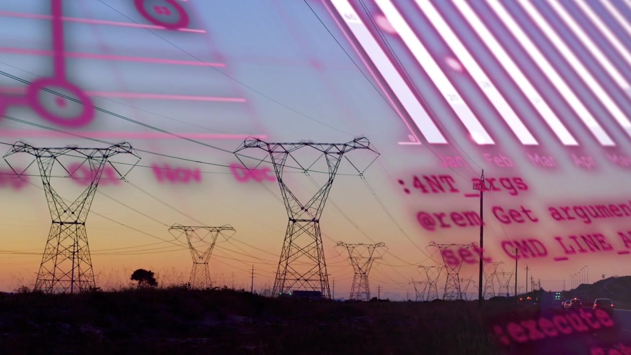 Animation of financial data processing over electricity pylons