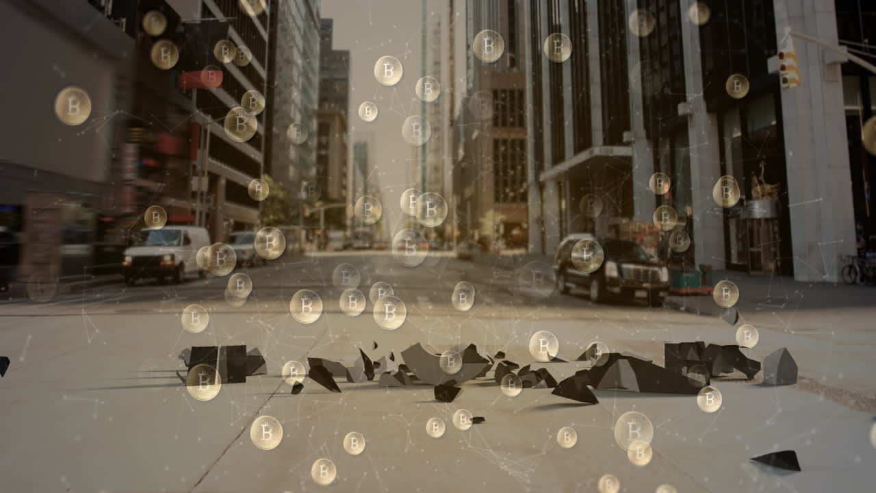 비트코인 기호가 달러 기호에 맞서 움직이고 떨어지고 부서집니다.