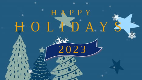 animation of happy holidays 2023 text and snow falling over christmas tree on blue background