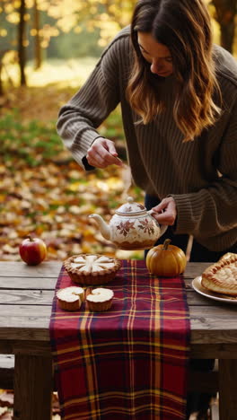 woman pouring tea at an autumn outdoor picnic