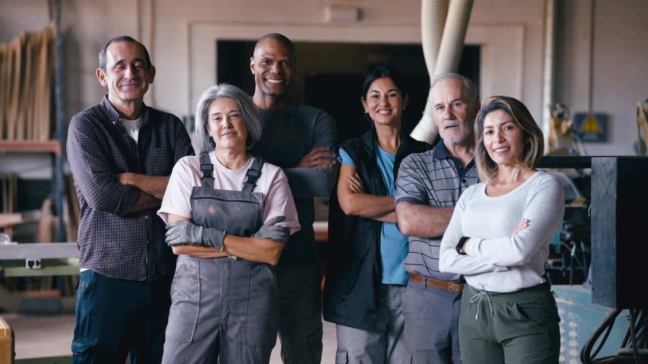 Diverse Group of Happy Workers Standing in a Workshop