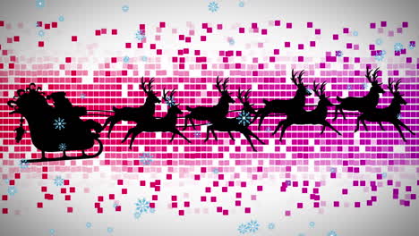 iconos de copos de nieve cayendo sobre santa claus en trineo siendo tirado por renos contra cuadrados de mosaico