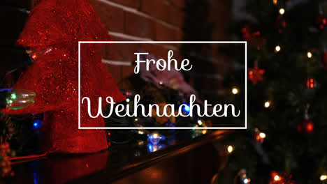 Animation-Of-Frohe-Weihnachten-Greeting-Text-In-Frame-Over-Christmas-Tree-Decorations