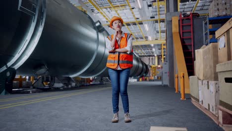 cuerpo lleno de ingeniera femenina asiática con casco de seguridad pensando en algo y mirando a su alrededor mientras estaba de pie en la fábrica de fabricación de tubos