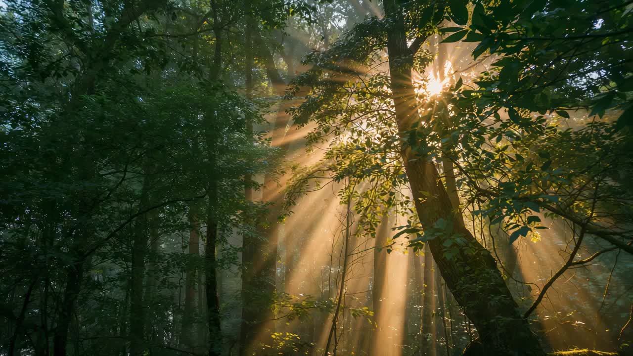 Sun emerging behind trunk, casting warm beams across misty wooded forest, lighting mossy trunk