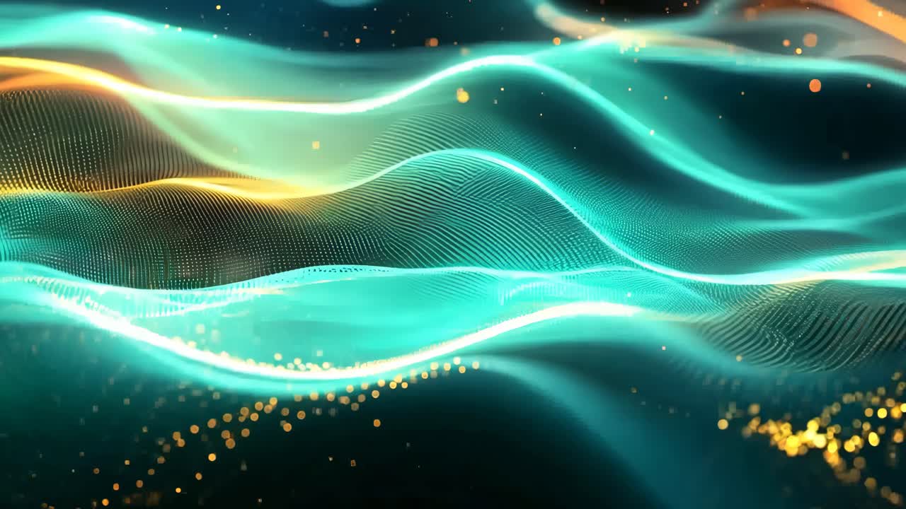 A wave of light blue color with orange and yellow streaks, creating a dynamic and visually striking scene. The wave appears to be moving and pulsating, giving the impression of energy and motion