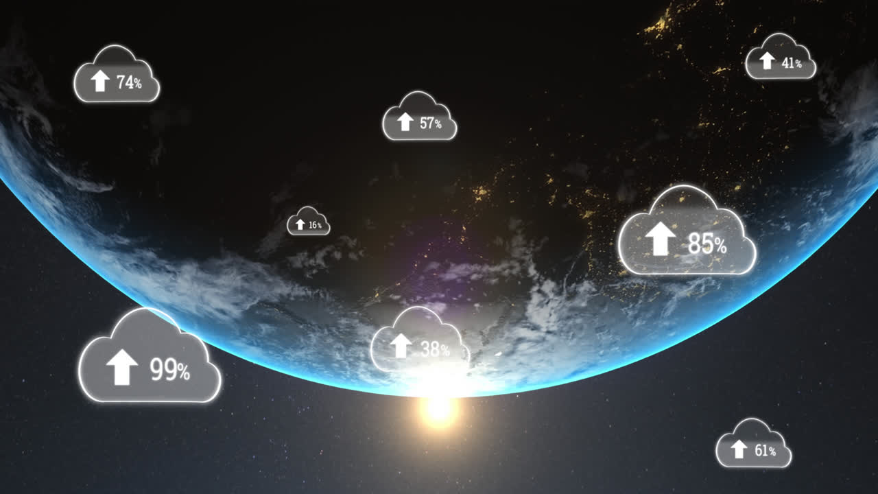 animación de nubes digitales con flechas y el porcentaje de crecimiento sobre la tierra en el universo en el fondo