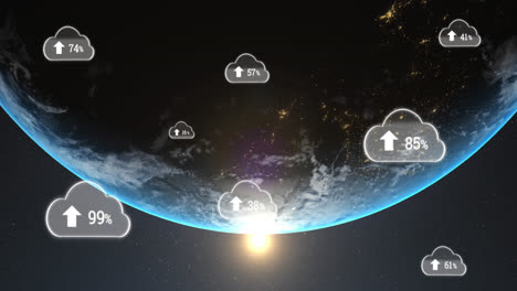 animation of digital clouds with arrows and percent growing over earth in universe in background