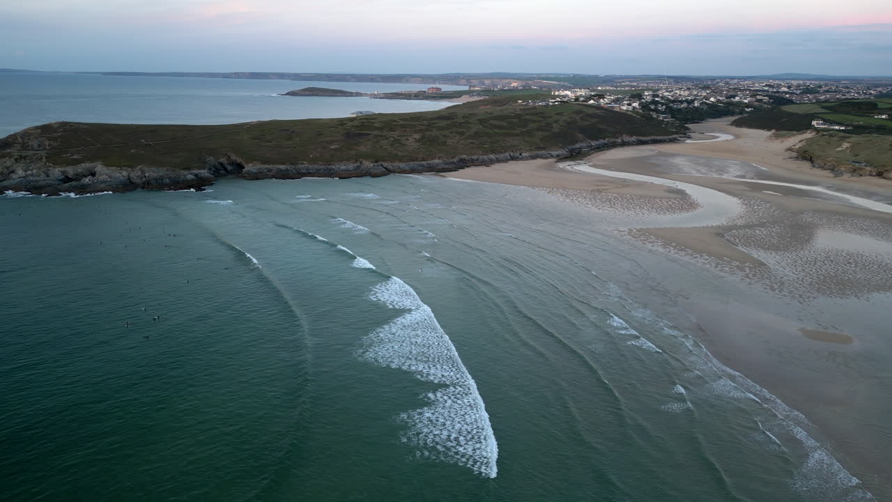 An aerial view of Crantock Beach, on the north coast of Cornwall, England-1
