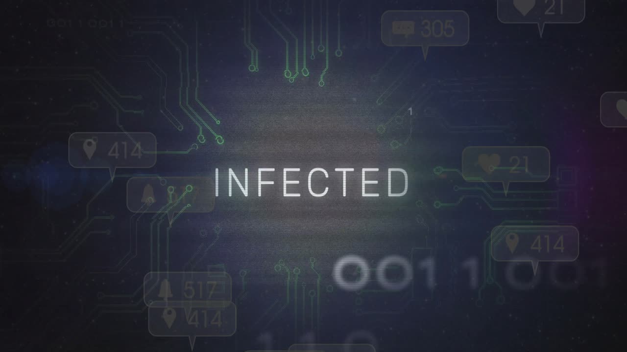 Flakkende tekst gnistrer og smelter sammen til INFECTED, glødende, mens ikoner og binær animation spreder sig.